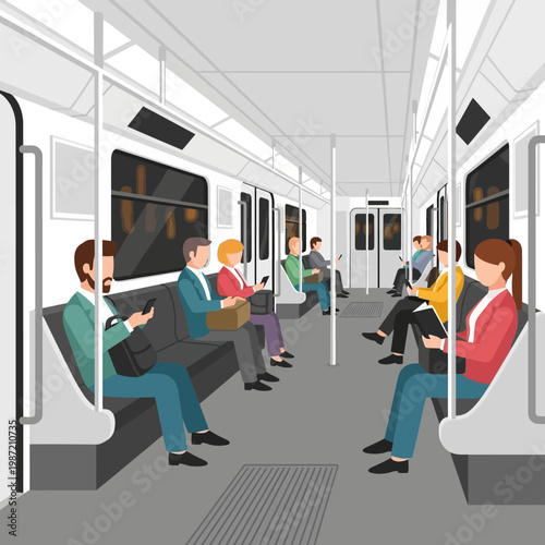 Subway, train interior, public transportation, commuter, vector illustration