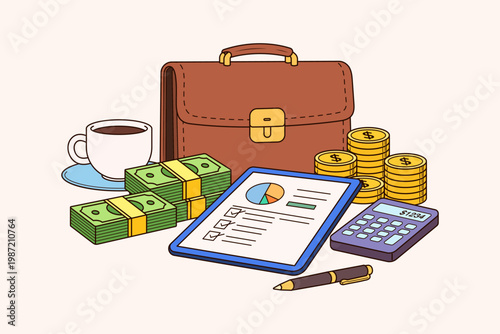 Business finance illustration with briefcase, cash stacks, coins, tablet analytics and calculator, investment and accounting concept, modern flat vector design