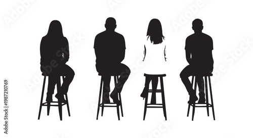 Diverse group of people sitting on bar stools in silhouette for a modern gathering or casual meeting setting.