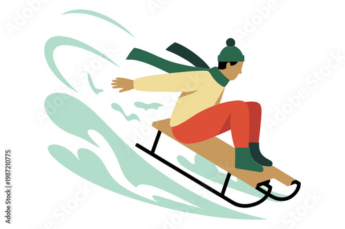 A colorful illustration of a person sledding down a snowy hill