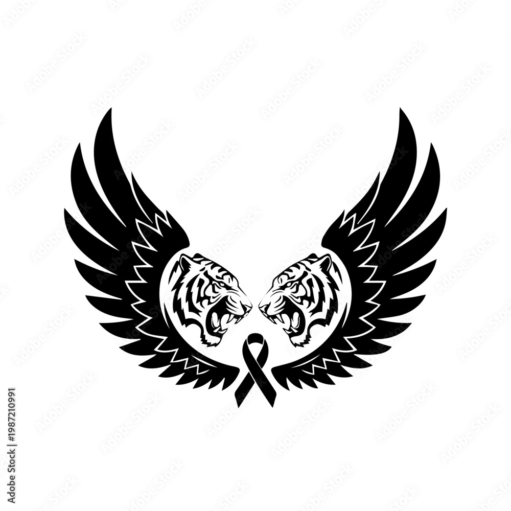 Fototapeta premium Symbolic winged tiger emblem reflecting powerful strength, awareness, and remembrance through a meaningful ribbon design