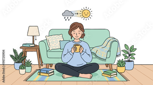 Young Woman Sitting on Rug at Home Drinking Coffee with Weather Transition Icon Showing Rain Turning to Sunny Day for Mental