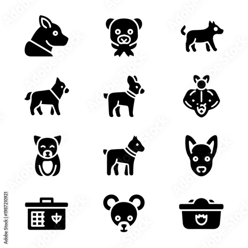 Collection of solid black glyph icons representing various dog breeds and pet care concepts