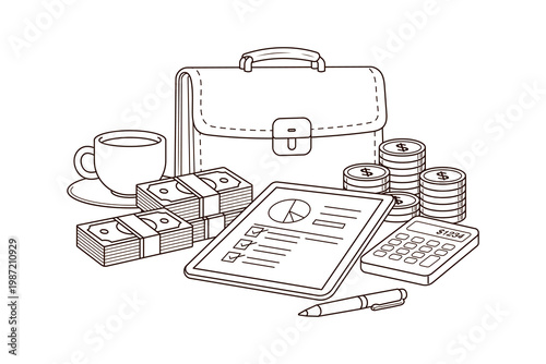 Business Finance Workspace Line Art Briefcase Cash Calculator Report Office Financial Management Illustration