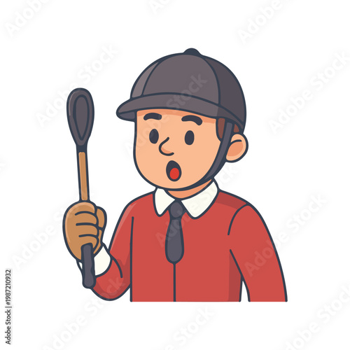 Man holding riding crop. Surprised horse rider expression. Jockey wearing red uniform and helmet.