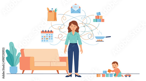Stressed Mother Balancing Household Chores and Childcare Tasks at Home in Flat Vector Illustration for Work Life Balance Blog Post