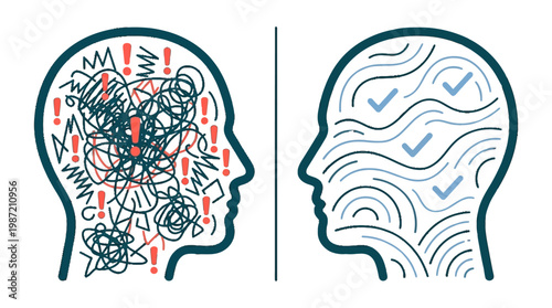 Mental Health Illustration Showing Stress Versus Calm Mindset for Psychology Therapy and Wellness Coaching and Mindfulness