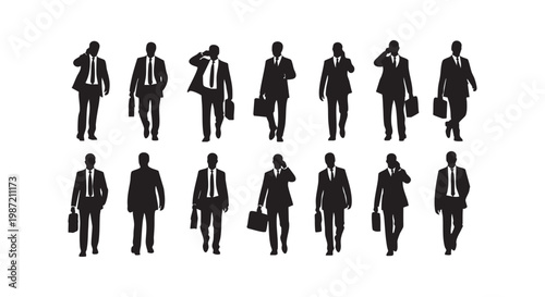 Men in suits silhouettes group of businessmen talking on phone and walking with briefcases set vector illustration.