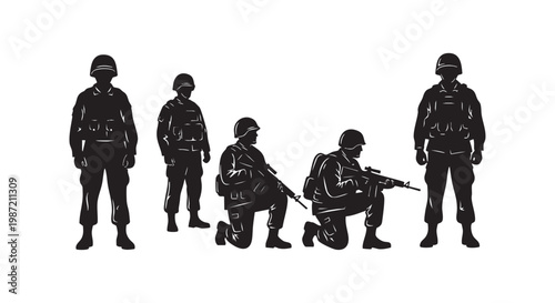 Military soldier silhouette set collection with armed infantry men wearing tactical gear combat helmets and army uniforms.