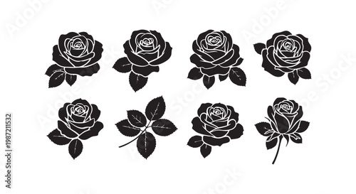 Elegant rose flower silhouette collection featuring blooming petals and detailed leaves for romantic floral wedding decor.