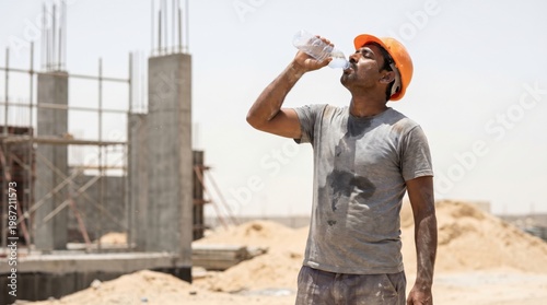 Construction Worker Hydrating on Hot Day at Building Site.