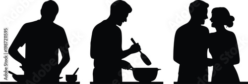 Man Cooking In Kitchen Silhouette Set Person Preparing Food Using Pan And Spoon Chef Character At Work Domestic Lifestyle Culinary Hobby SEO Maintain Vector
