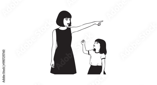 Mother and daughter pointing in opposite directions, family disagreement or instruction concept illustration.