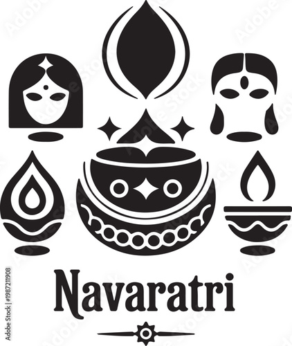 A monochromatic illustration depicting the essence of Navaratri, featuring prominent symbols such as a drum, 