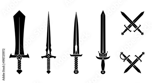 A collection of diverse sword silhouettes, representing historical and fantasy weaponry