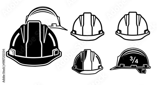 Collection of Safety Hard Hats and Protective Helmets Illustrated from Various Angles