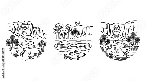 Minimalist Line Art Scenes of Wetlands and Wildlife