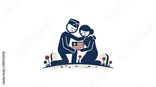 Mourning Soldier and Woman Remembering Fallen Hero