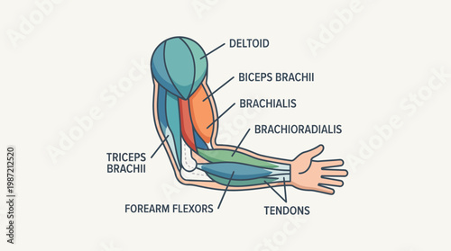 Comprehensive anatomical illustration of the human arm, clearly depicting the major muscles and tendons from the shoulder to the wrist for educational and medical study