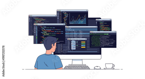 Man Working on Computer Multiple Screens.