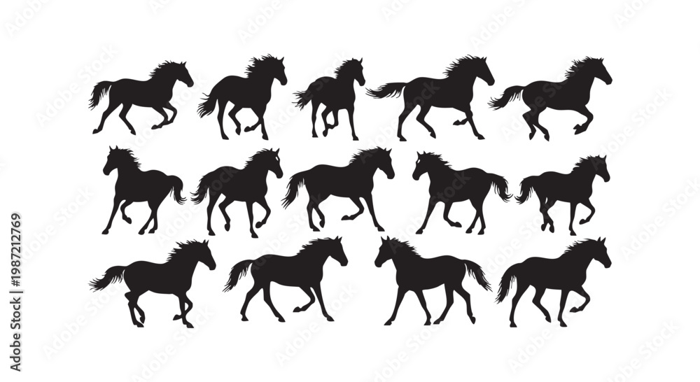 Fototapeta premium Multiple horses in silhouette running at speed across a white background, showing motion and freedom.