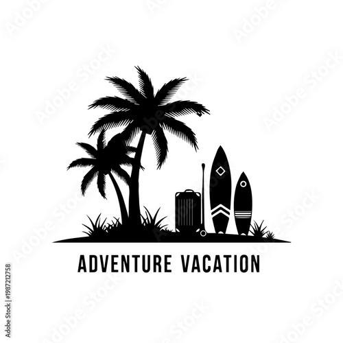 Tropical Adventure Vacation with Palm Trees, Surfboards, and Luggage
