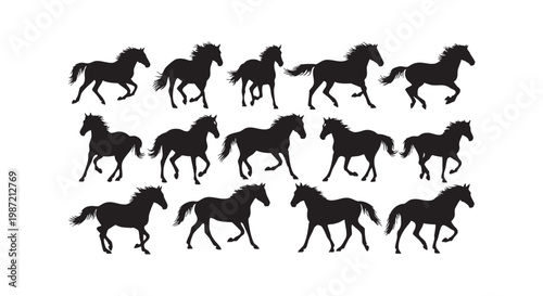 Multiple horses in silhouette running at speed across a white background, showing motion and freedom.