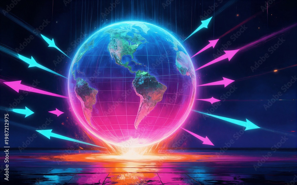 Obraz premium Vibrant neon globe with glowing arrows radiating outward reflecting
