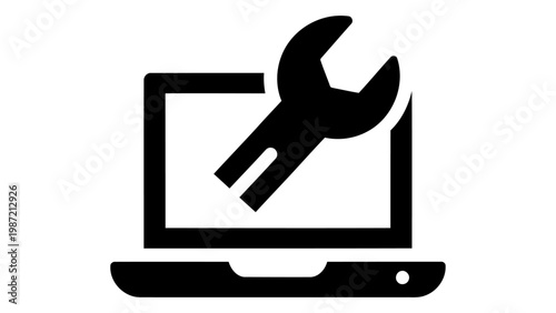 Laptop repair icon, computer maintenance symbol, technical support sign