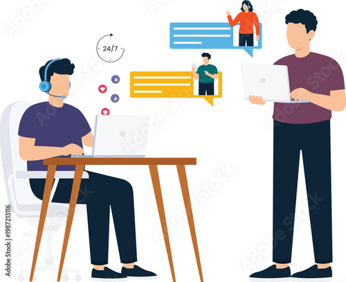 Customer support technical assistance online communication service representative remote team digital technology business people live chat help desk flat design 24/7 service