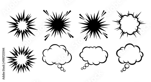 Graphic set of comic book burst elements and thought speech bubbles for design projects