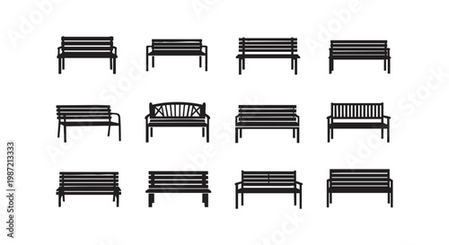 Park bench silhouette collection, outdoor seating elements, various public garden benches, street furniture, decor.