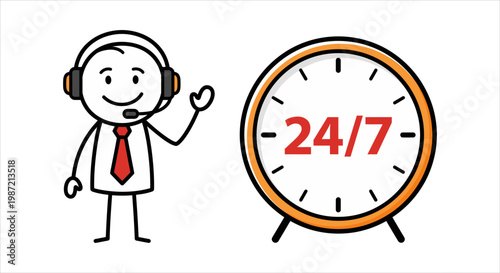 24/7 Customer Support Agent with Headset and Clock Illustration
