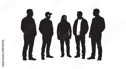 Group of five men standing and looking, diverse male silhouettes posing together, full body profile on white background.