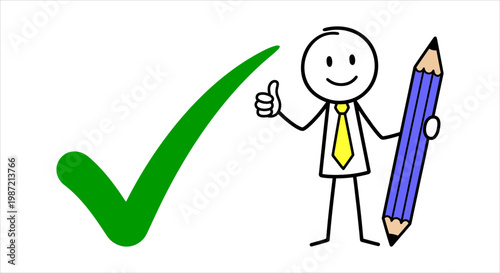 Man holding pencil and giving thumbs up next to check mark, illustration