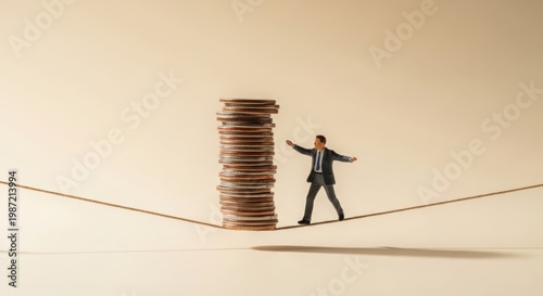 business figure balancing coins symbolizing careful budgeting and financial responsibility