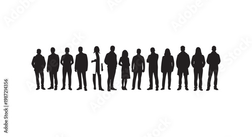 Group of standing people silhouettes, showcasing diverse individuals in various professional and casual attire, isolated on white.