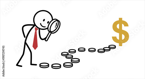 Stick figure with magnifying glass searching for money path