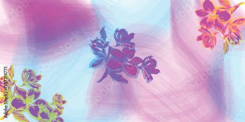 Abstract floral composition with neon pink, blue, and yellow hues on a soft gradient background, featuring glowing blossoms and dreamy artistic effects blending colors seamlessly
