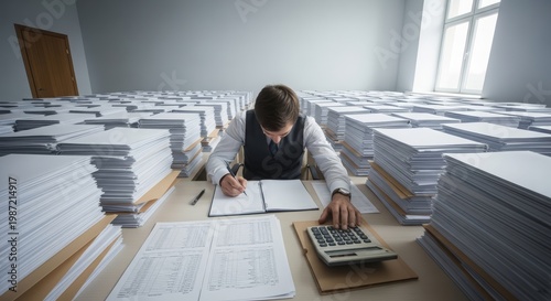 Office worker facing an endless stretch of paperwork-covered desk fading into the distance, representing never-ending workload, time constraints, and persistent professional pressure