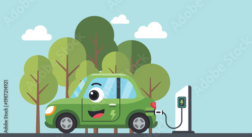 Cartoon green electric car charging at station with trees and smiling face