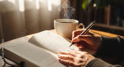 A person writes in a book with a steaming cup of coffee on the table indoors.
