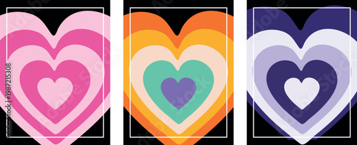 A set of three posters featuring nested heart designs in a retro colorful aesthetic. These graphics utilize bold lines and vibrant color schemes to evoke a nostalgic yet modern feel perfect for wall 