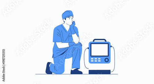 Medical, healthcare, doctor, blue, illustration, vector, nurse, medic, defibrillator, emergency, care, blue tone, medical equipment, healthcare worker, vector illustration, doctor sitting