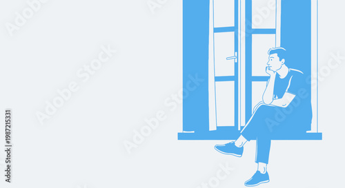 Sad man sitting on windowsill, blue silhouette, vector illustration, depression concept, mental health
