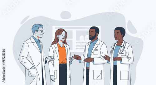 Medical professionals, doctors, healthcare team, vector illustration, white coats, diverse group, discussion, meeting, hospital, clinic, medical staff