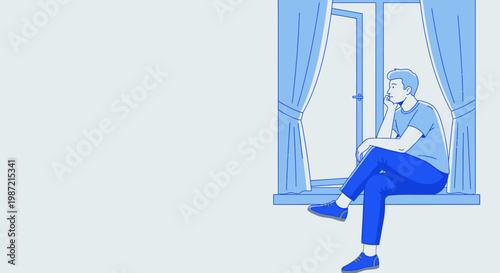 Sad man sitting by window, blue illustration, vector graphic, depression concept, emotional scene