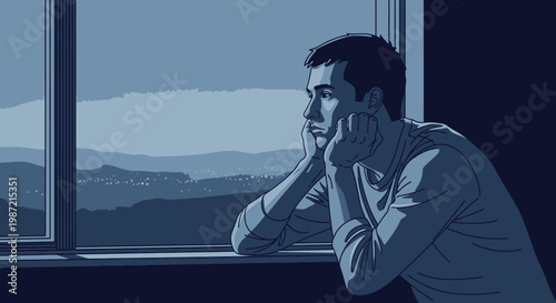 Sad man looking out window, blue monochrome illustration, contemplative scene, melancholic atmosphere, vector graphic
