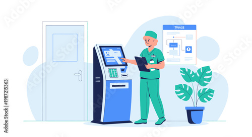Healthcare professional, using kiosk, electronic medical records, blue and green vector illustration