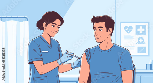 Medical professional, nurse, administering vaccine, injection, to male patient, in clinic, healthcare setting, blue scrubs, cartoon style